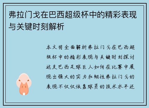 弗拉门戈在巴西超级杯中的精彩表现与关键时刻解析