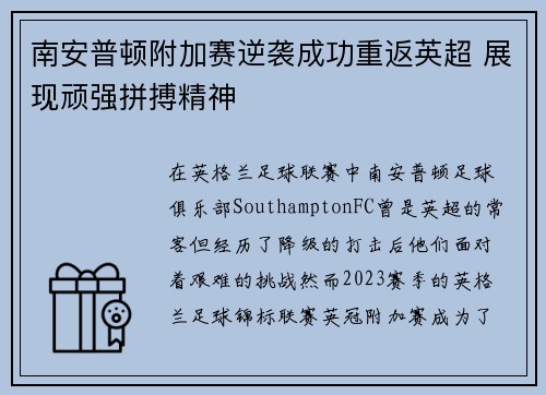 南安普顿附加赛逆袭成功重返英超 展现顽强拼搏精神