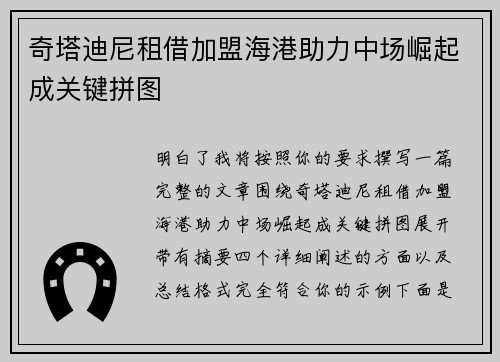 奇塔迪尼租借加盟海港助力中场崛起成关键拼图